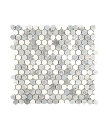 BLUE CELESTE MARBLE MOSAIC POLISHED PENNY ROUND W/ CARRARA AND THASSOS