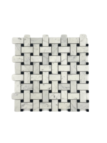 BIANCO CARRARA MARBLE MOSAIC HONED BASKET WAVE BLACK DOT 1